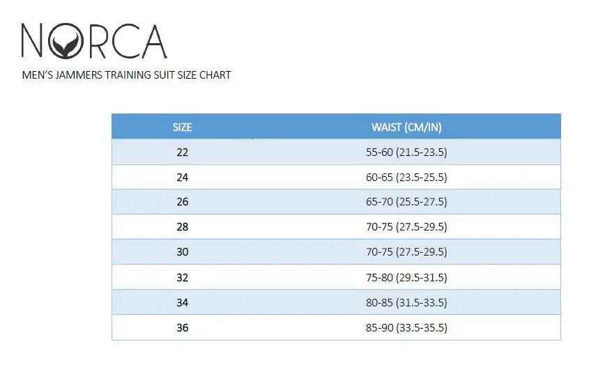 Men's Jammers Size Chart - Norca Athletic Swimwear