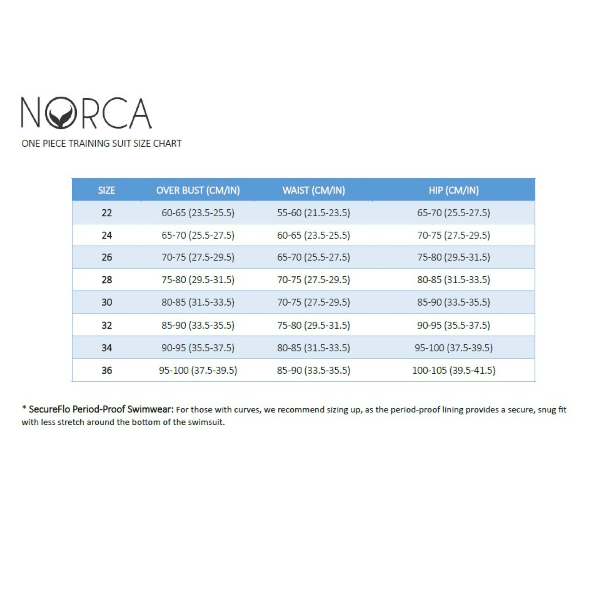 Norca Women's One Piece Size Chart