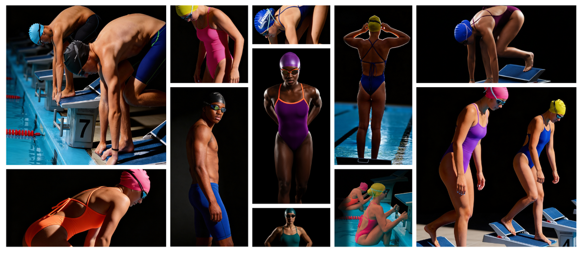 Collage of swimmers in various poses at the starting blocks of a pool.