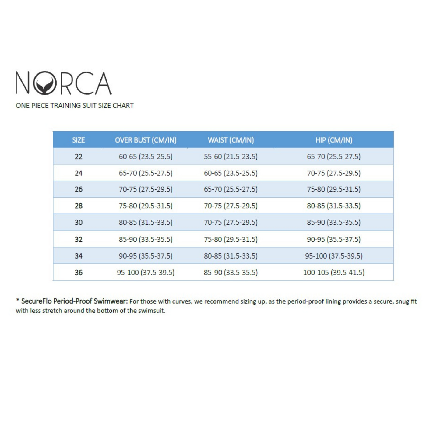 Norca Girls and Women's One Piece Size Chart