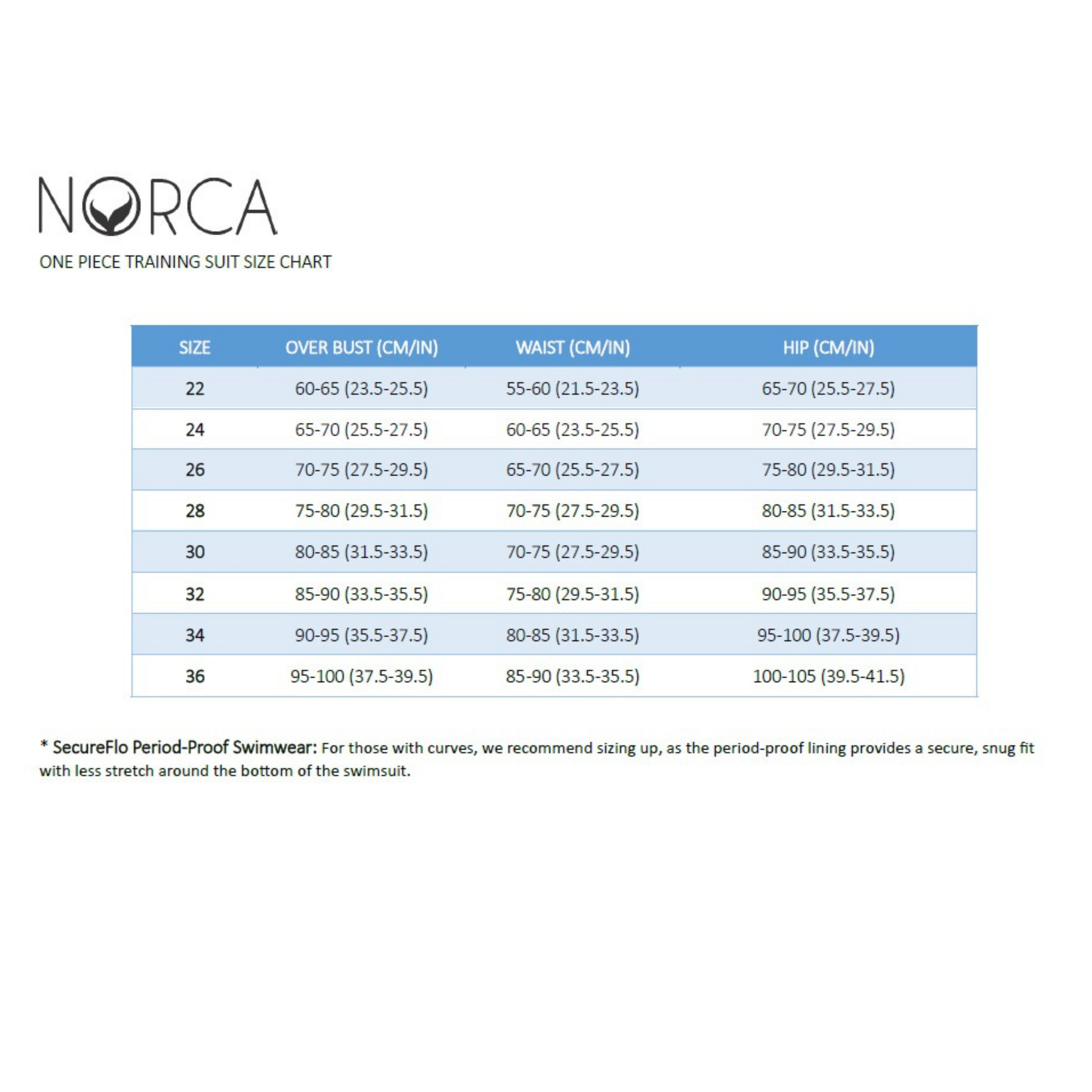 Norca Girls and Women's One Piece Size Chart