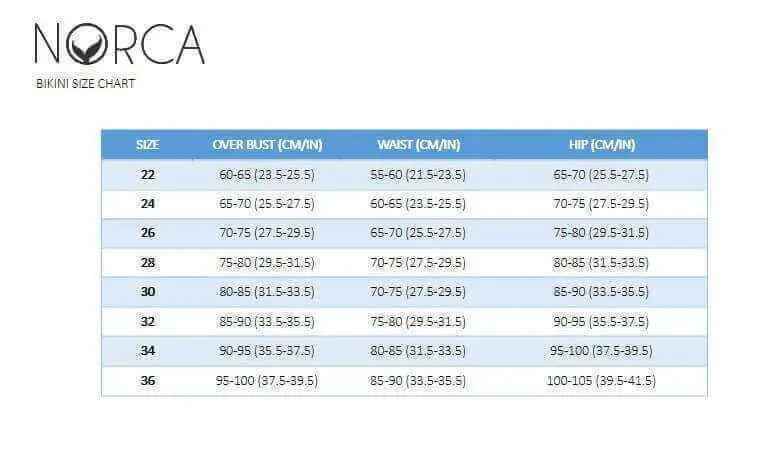 Bikini Size Chart – Women’s Athletic Swimwear - Norca Athletic Swimwear 